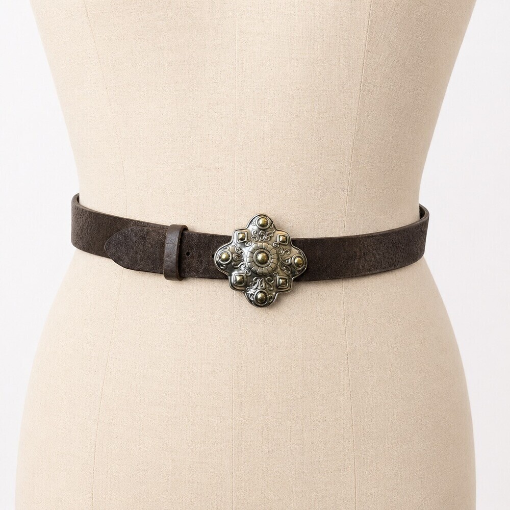 Olga Santini Belt Ornate Western Buckle Genuine Italian Leather Brown Large